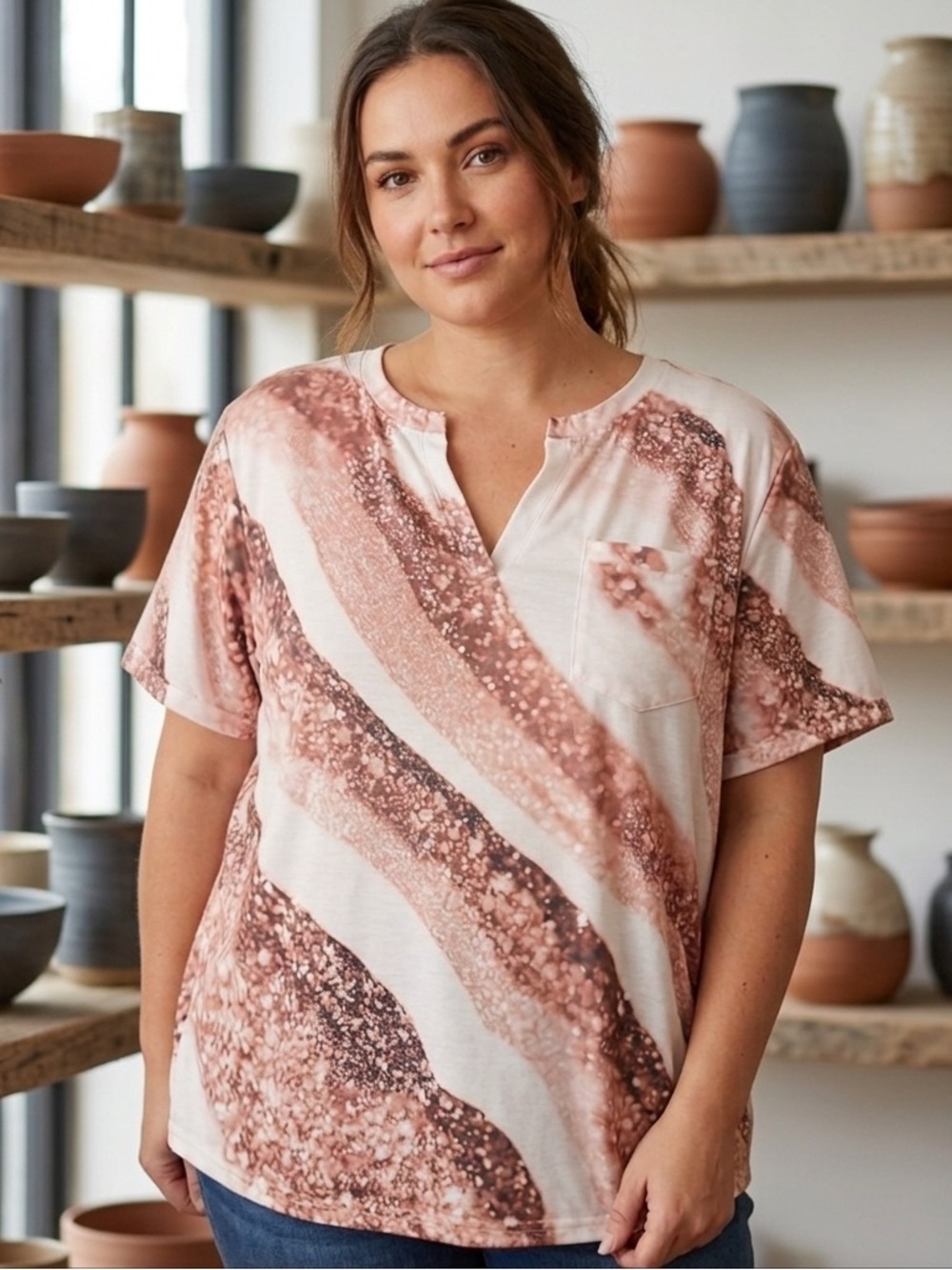 Temu Stylish Women's Top in Cream and Brown Swirls Size 5X